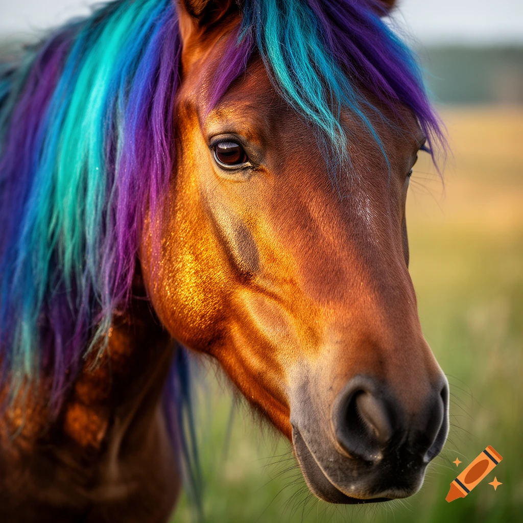 Close-up photorealistic portrait of a brown horse with vibrant blue and purple mane in a field.
