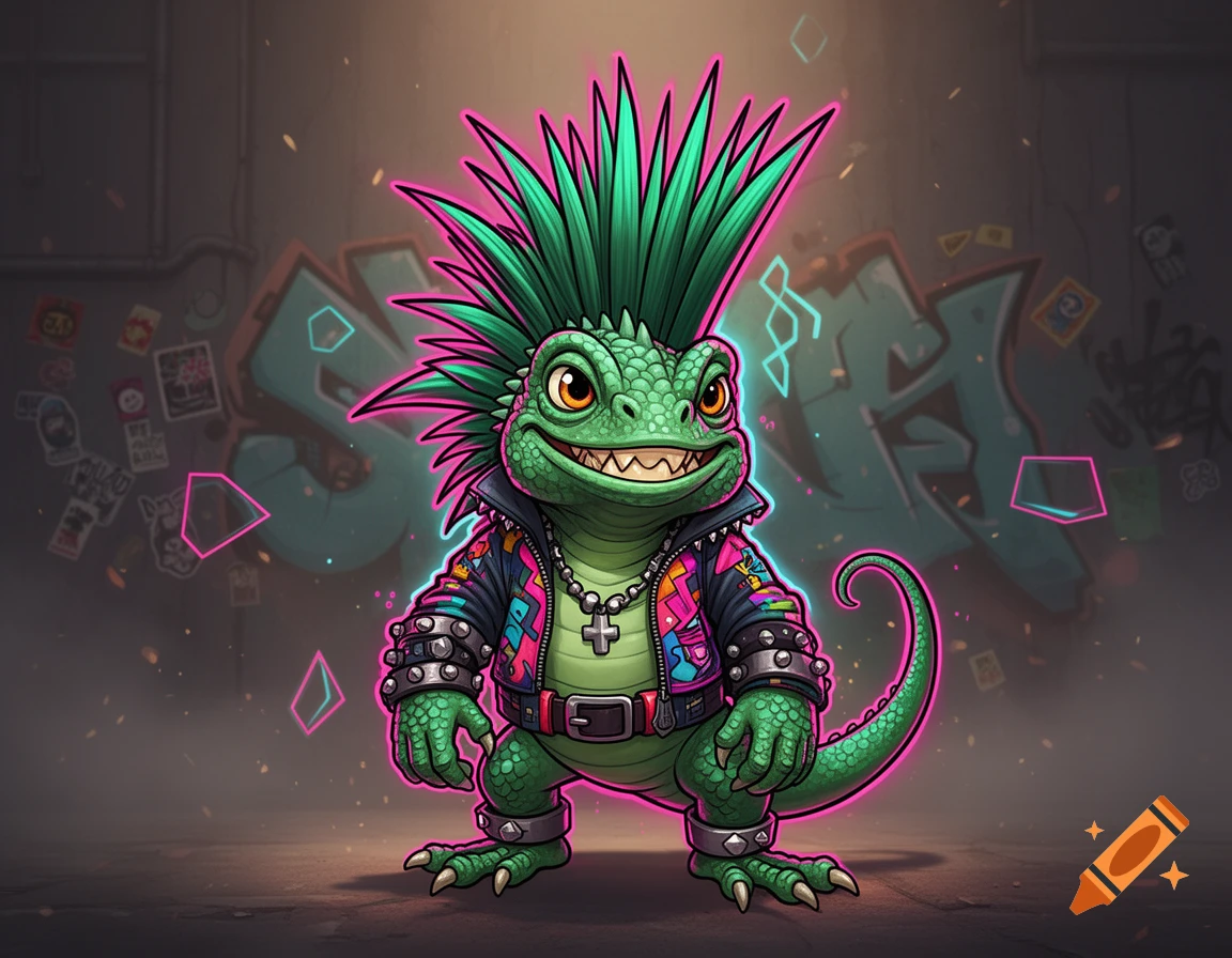 A cartoony anthropomorphic green iguana with a bright green mohawk and punk rock leather jacket, standing in front of a graffiti wall.