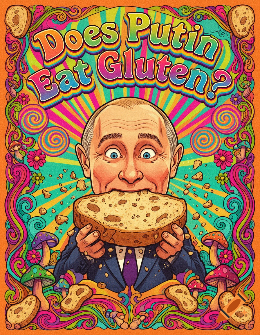 Psychedelic illustration of Vladimir Putin eating a large piece of bread, surrounded by colorful patterns and mushrooms.