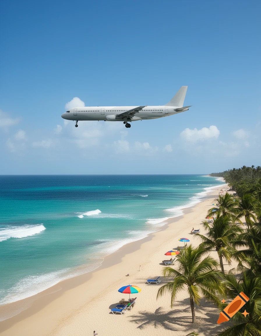 A photorealistic aerial view of an airplane flying low over a tropical beach with turquoise water and palm trees.