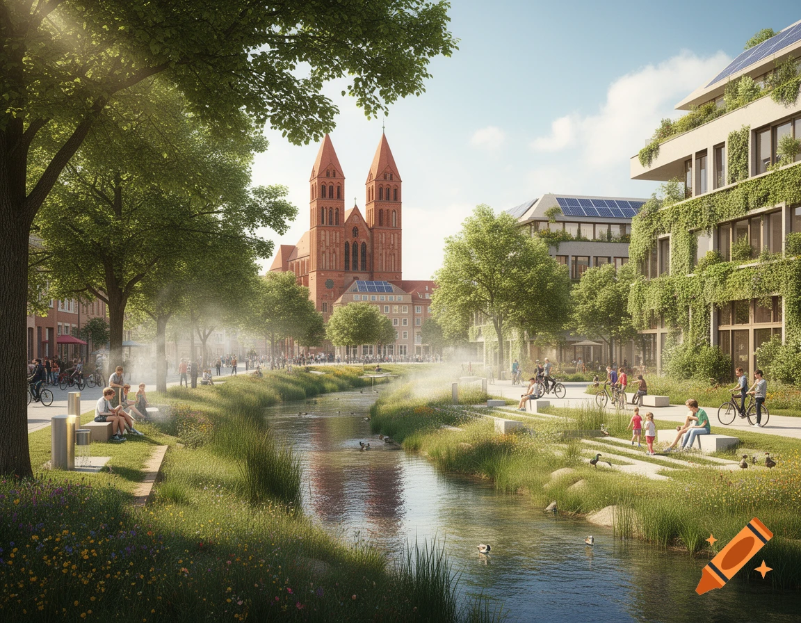 Photorealistic rendering of a climate-friendly urban river scene with lush greenery, trees, and historic twin church towers in the background.