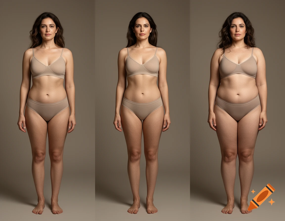 Photorealistic studio shot of three women in beige underwear showing different body proportions.