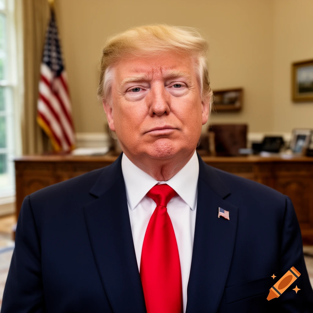 Photorealistic portrait of Donald Trump in a suit with a red tie, standing in front of an American flag and a desk.
