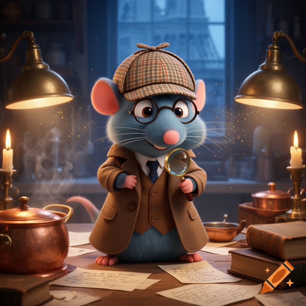 3D digital illustration of a blue rat dressed as Sherlock Holmes with a deerstalker hat, glasses, and trench coat, holding a magnifying glass in a study.