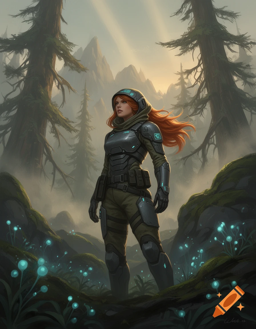 Digital illustration of a red-haired woman in futuristic scout armor standing in a misty alien forest with glowing blue mushrooms.