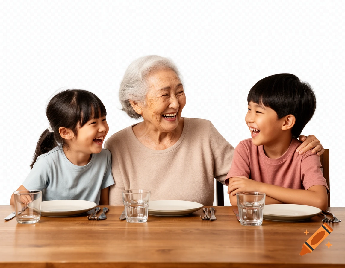 An elderly woman and two children laughing together at a dining table with plates and glasses.