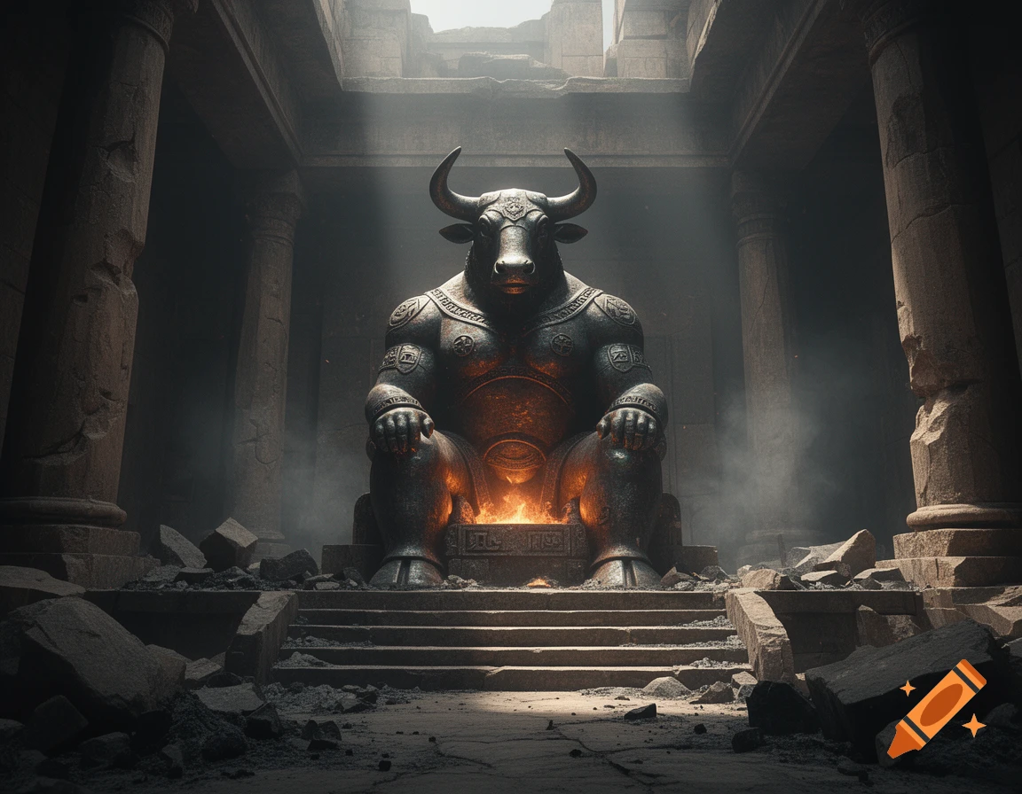 A massive metallic bull-headed statue sits on a throne in a dark, ruined stone temple with light streaming from the ceiling, photorealistic style.