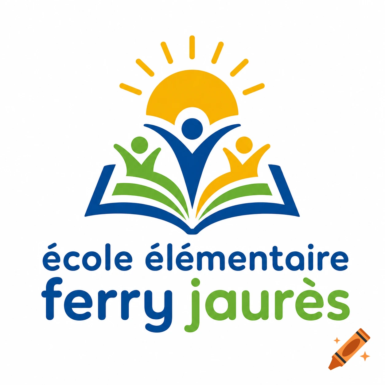 Logo for École Élémentaire Ferry Jaurès featuring stylized figures, an open book, and a rising sun.