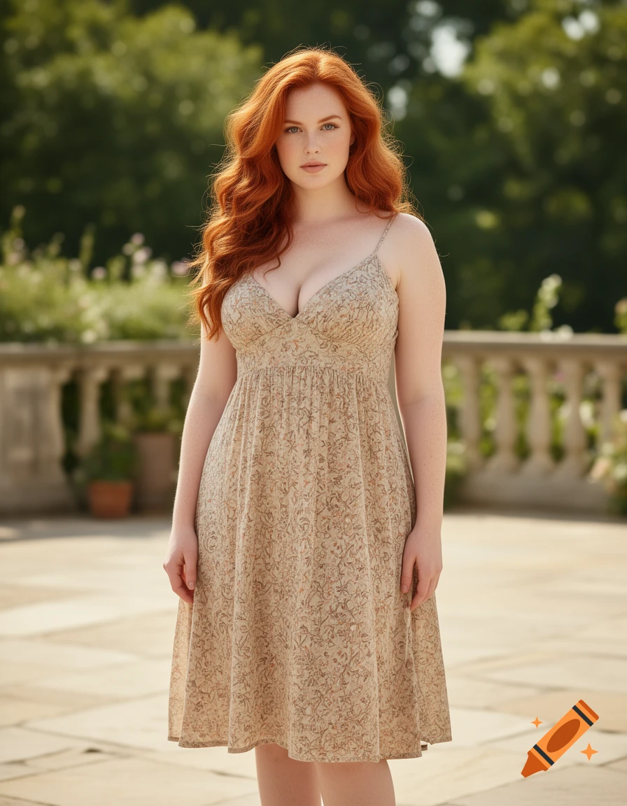 Photorealistic full-body portrait of a young woman with long red hair wearing a summer dress outdoors on a terrace.