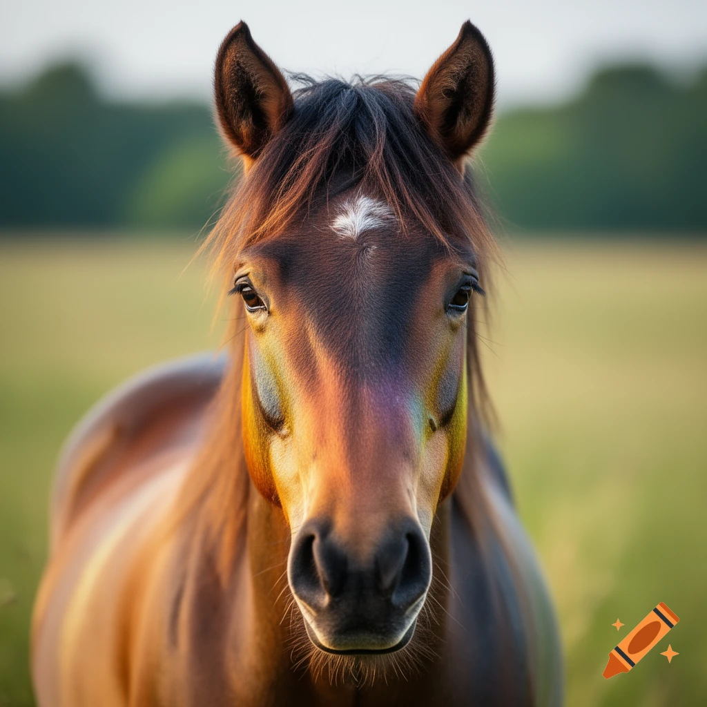 Closeup of a brown horse's head with colorful painted markings on its face, outdoors in a blurred green field.