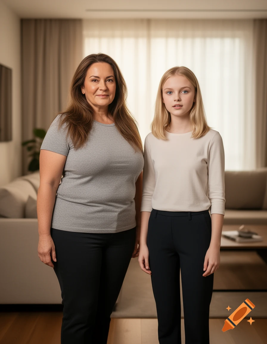 Full-length photographic portrait of an older woman with long brown hair and a younger blonde woman standing together in a living room.
