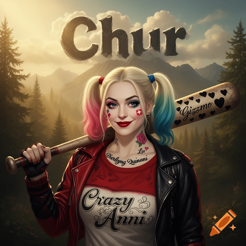 Digital illustration of Harley Quinn holding a baseball bat, with 'Chur' in clouds overhead, in a forest and mountain setting.