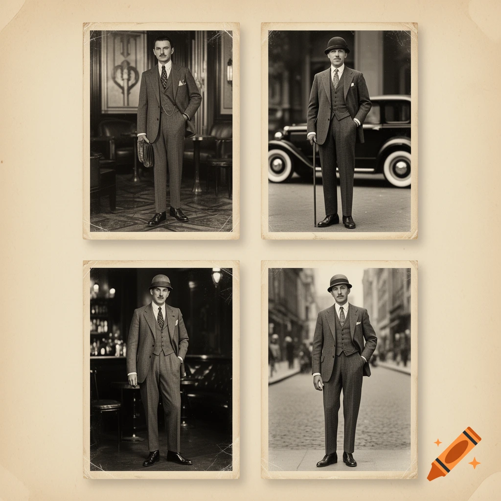 Grid of four vintage black and white photographs featuring men in 1920s suits and hats with sepia tone and aged paper texture.