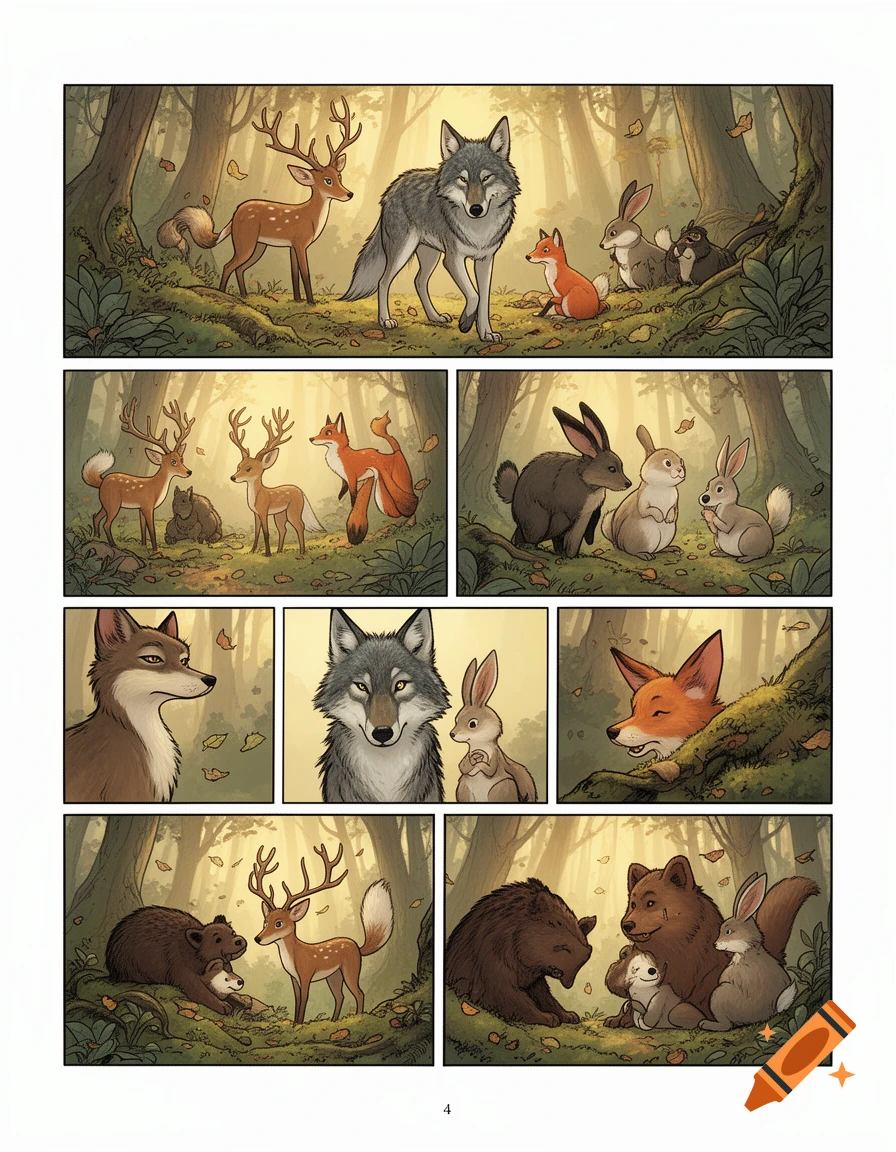 Comic book style multi-panel page illustrating forest animals interacting in a woodland setting.