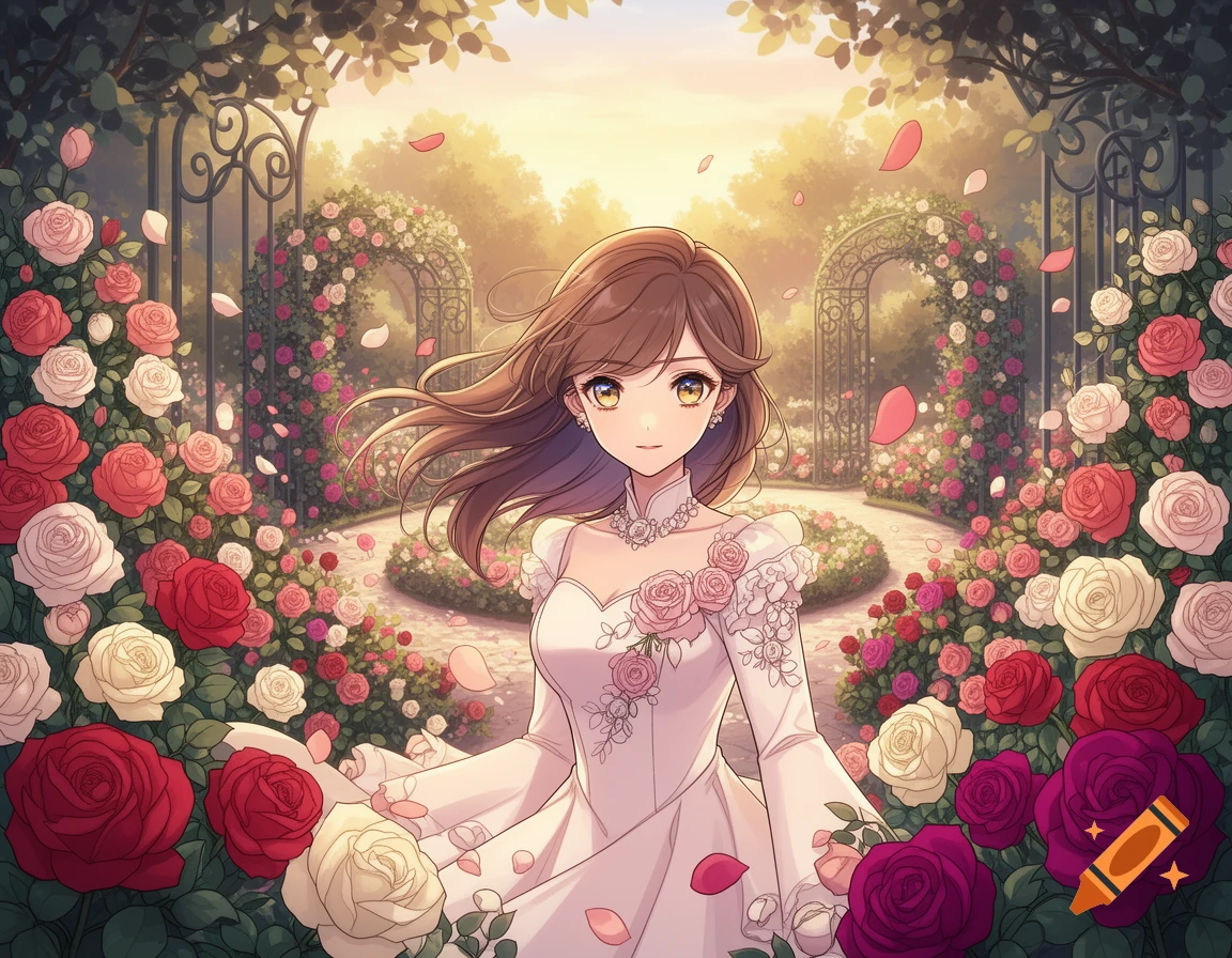 Anime style illustration of a smiling girl with brown hair in a white dress standing in a rose garden.