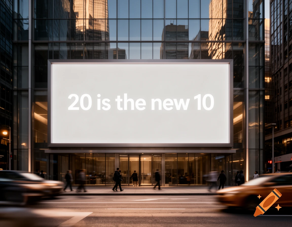 Photorealistic view of a modern skyscraper with a large glowing billboard displaying the text '20 is the new 10' above a busy street.