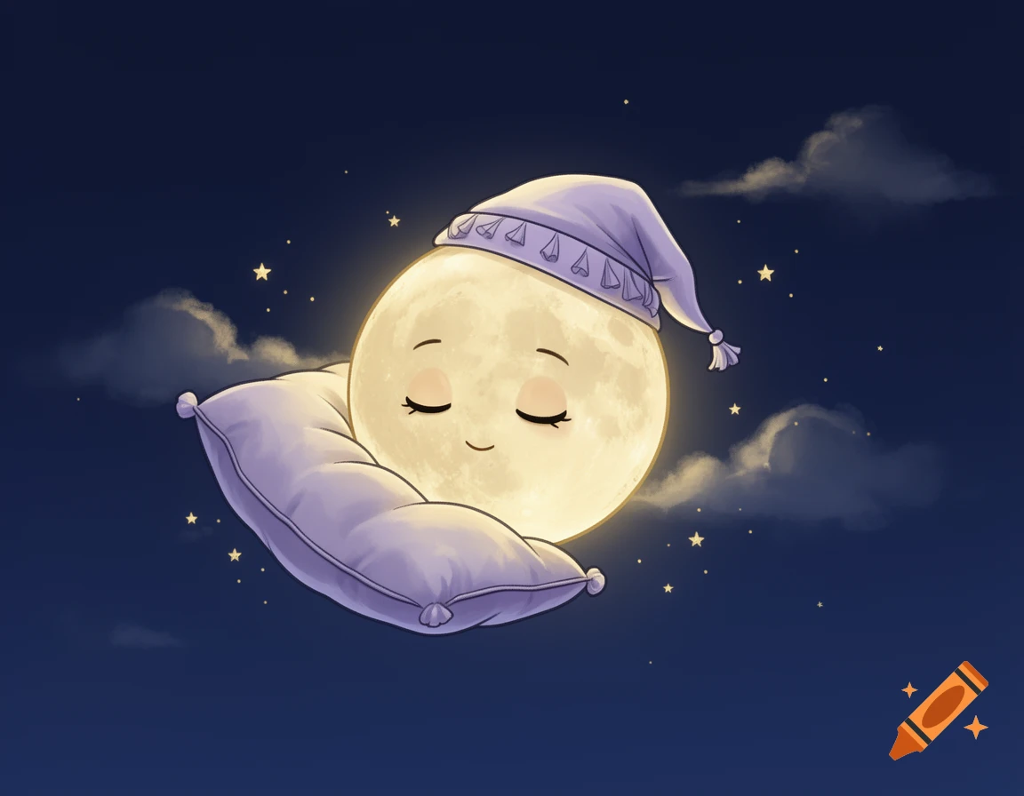 Digital illustration of a sleepy, smiling cartoon full moon wearing a nightcap and resting its head on a pillow in the night sky.