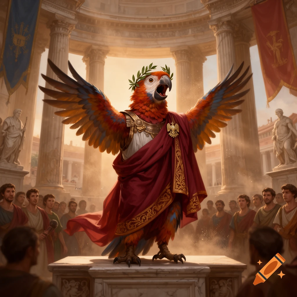 A colorful parrot dressed in a Roman toga and laurel wreath giving a speech in a grand Roman amphitheater.