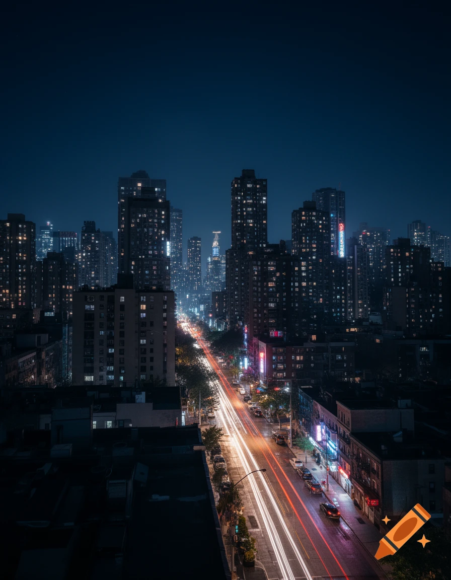 Aerial view of a city street at night with light trails from moving traffic and glowing windows in high-rise buildings, photorealistic.