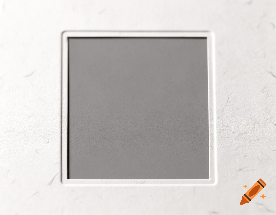 Close-up of a white textured paper with a square cut-out frame surrounding a solid grey square.