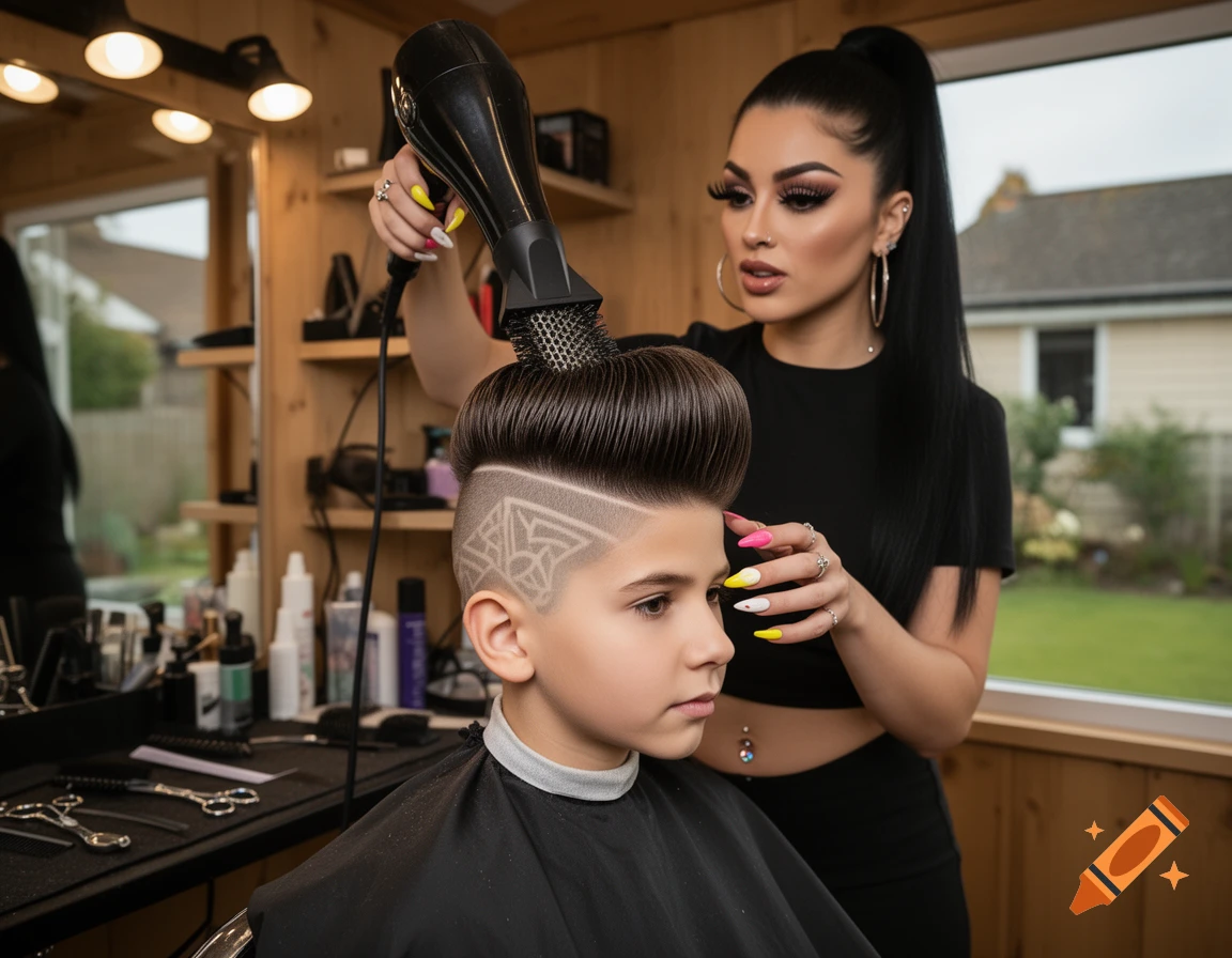 Photorealistic image of a woman styling an 11-year-old boy's hair into a pompadour with shaved patterns in a salon.