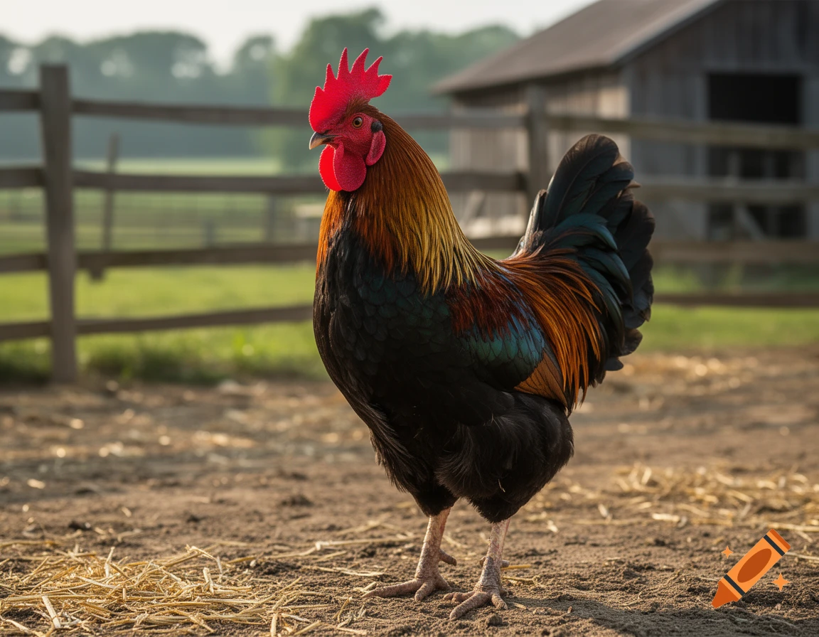 Photorealistic image of a colorful rooster standing in a dirt yard with a wooden fence and barn in the background.