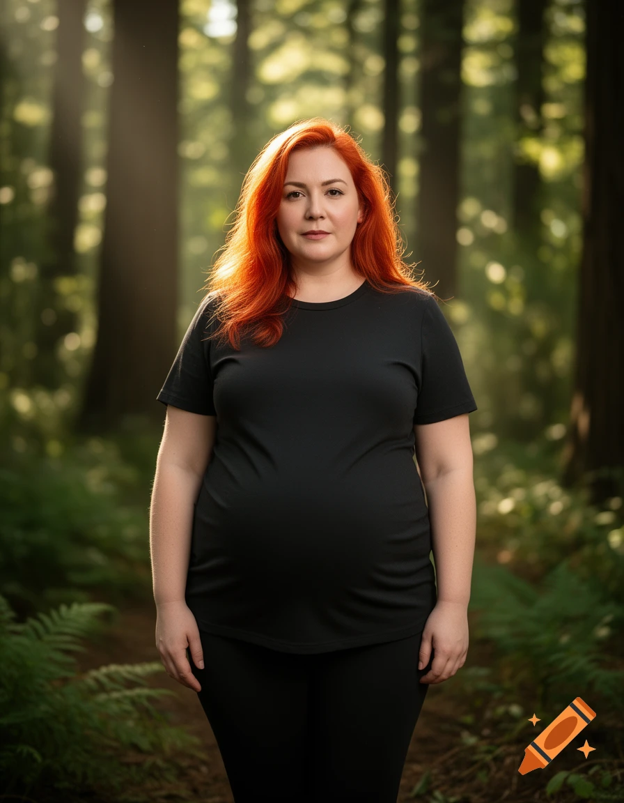 Photorealistic portrait of a pregnant woman with bright red hair standing in a sunlit forest.