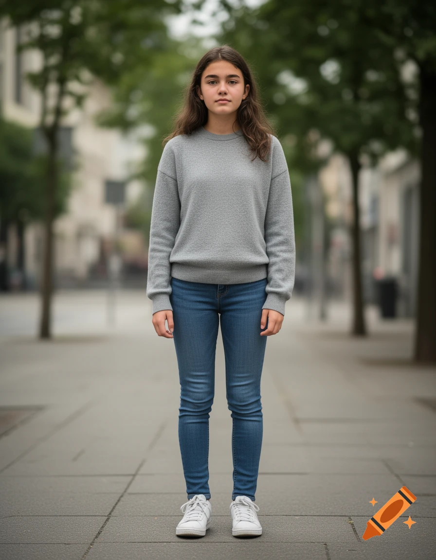 Photorealistic full-body portrait of a 16-year-old girl standing on an urban street, wearing a grey sweater and blue jeans.