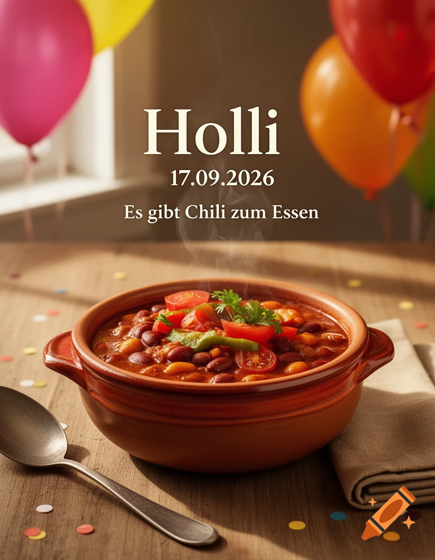 Birthday invitation poster featuring a bowl of chili, balloons, and text.