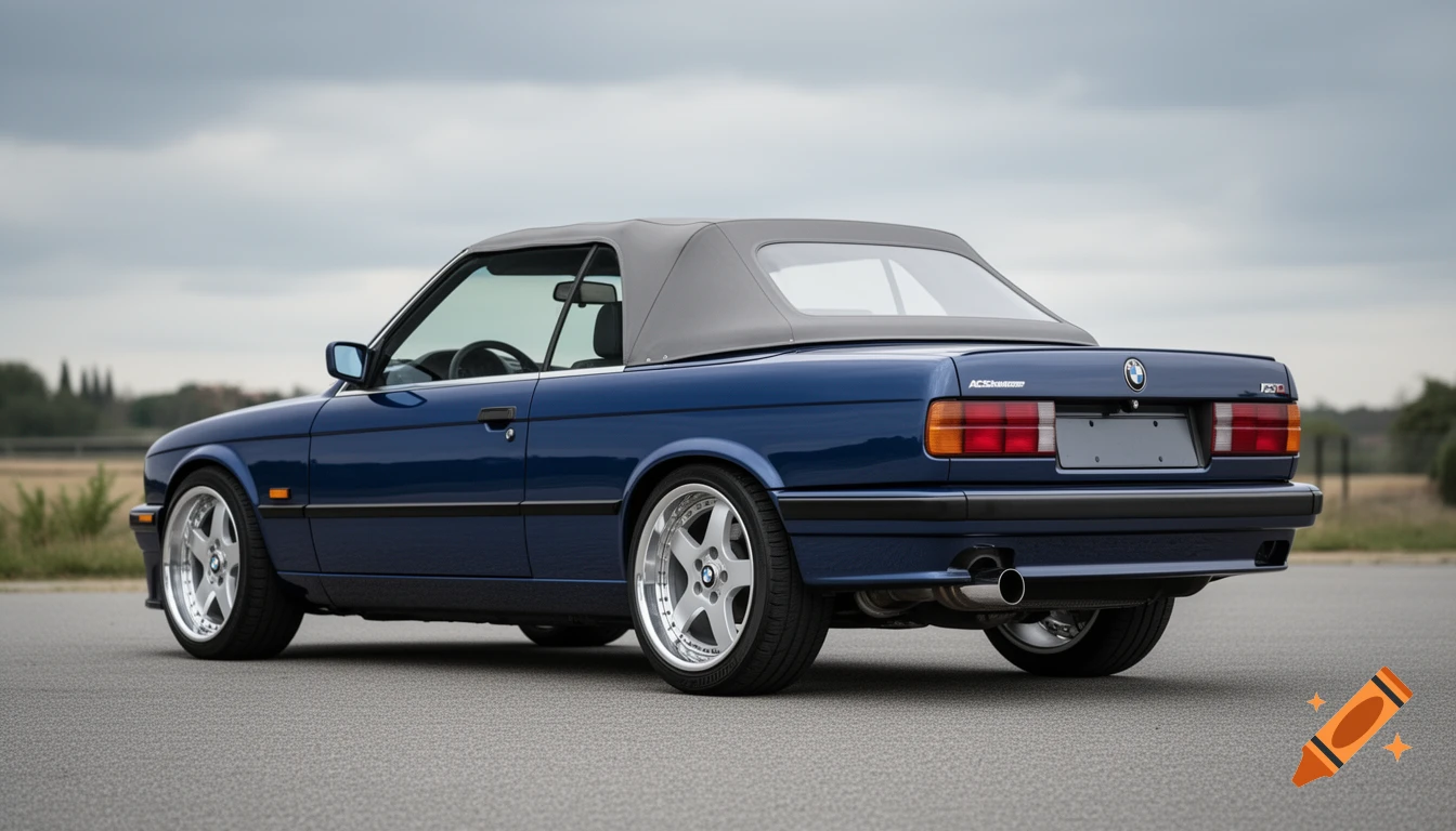 Rear view of a dark blue 1991 BMW E30 convertible with a grey soft top and custom wheels, parked on asphalt.