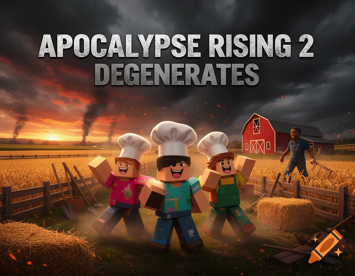 Roblox characters wearing chef hats in a farm setting at sunset with bold text reading Apocalypse Rising 2.