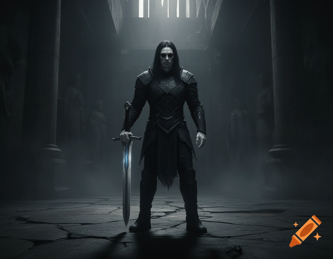 Dark fantasy digital art of Erebus, God of darkness, standing in a gloomy stone hall holding a glowing sword.