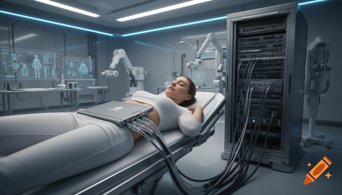 Cinematic shot of a female cyborg lying on a futuristic medical examination table in a high-tech laboratory.