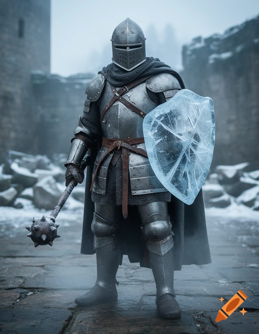 Photorealistic full-body shot of a medieval knight in steel armor holding a mace and a glowing ice shield.