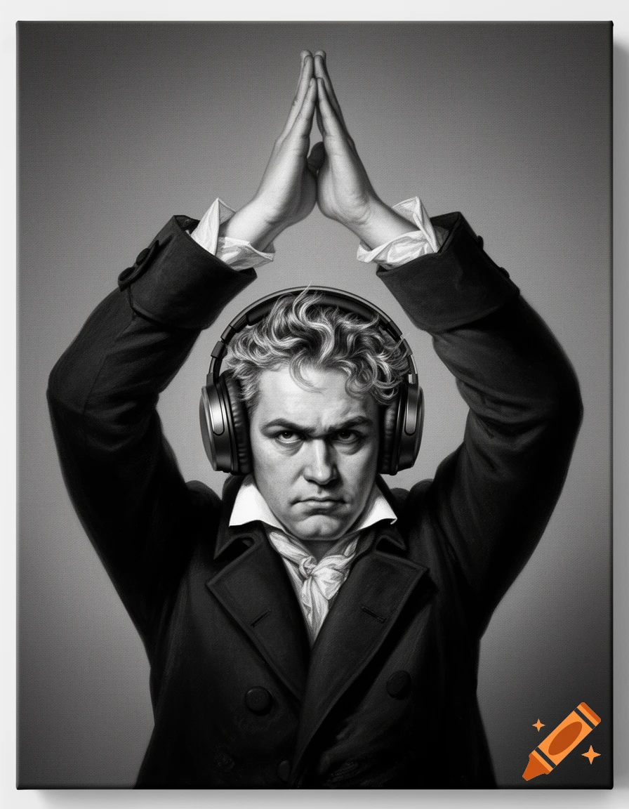 Black and white portrait of Beethoven wearing modern headphones with hands clasped above his head.
