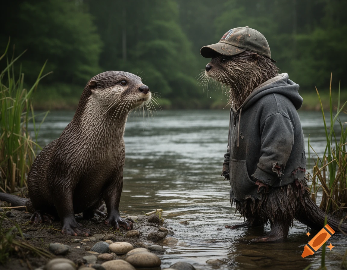 Photorealistic image of two otters by a river, one standing upright wearing a backwards cap and a gray hoodie.