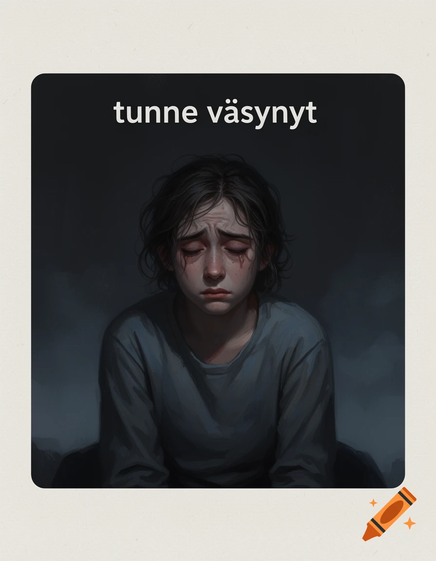 Digital illustration of a tired, sad young person with tears in their eyes under text reading tunne väsynyt.