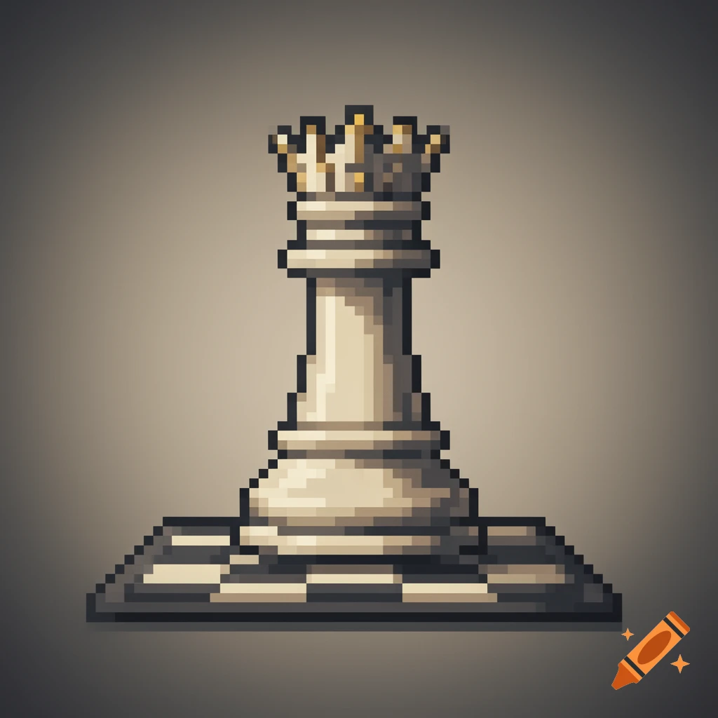 Pixel art of a white queen chess piece on a chessboard against a gradient background.