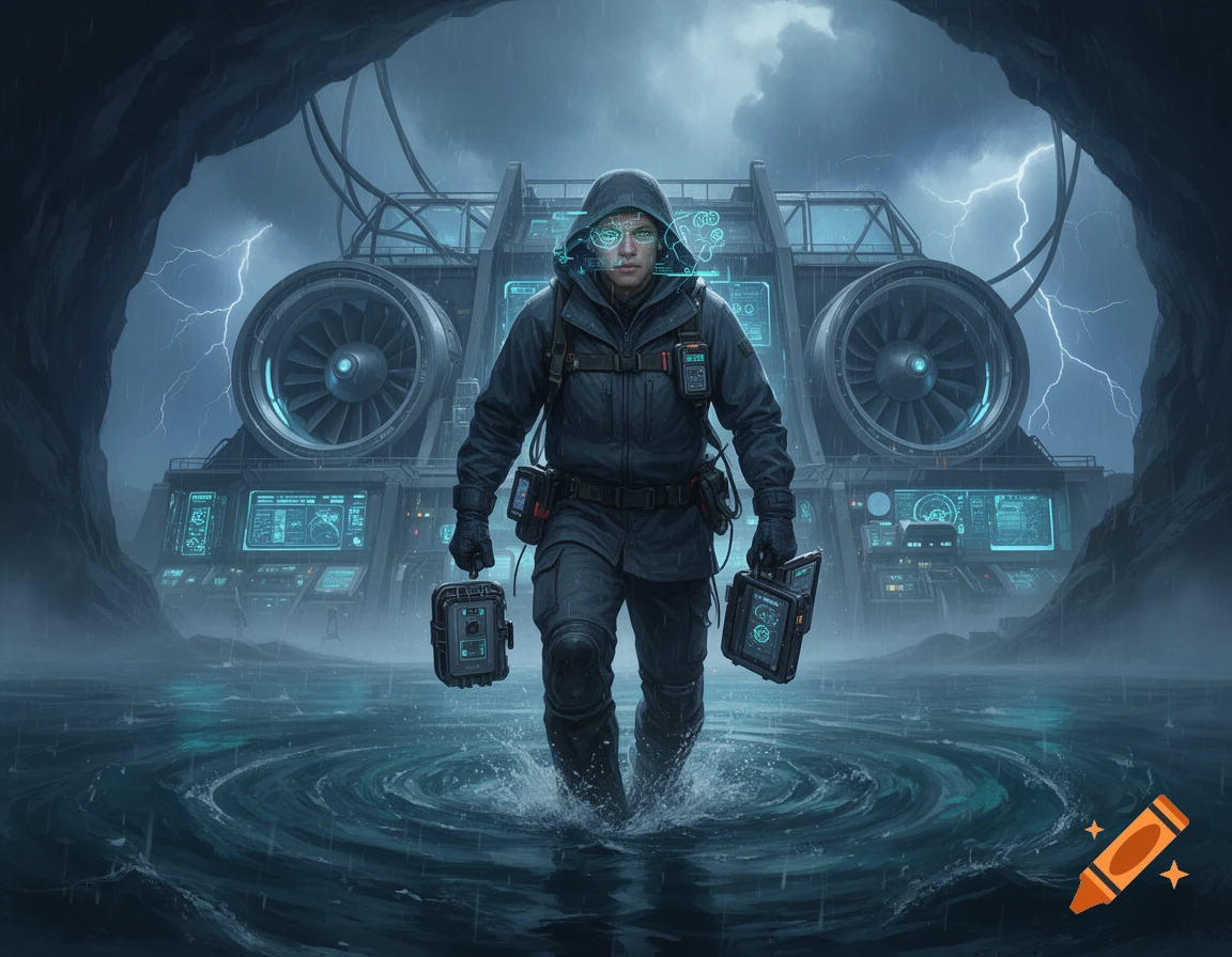 A field meteorologist in weather utility clothes holding science equipment while walking through water inside a cave with a control facility in the background, photorealistic style.