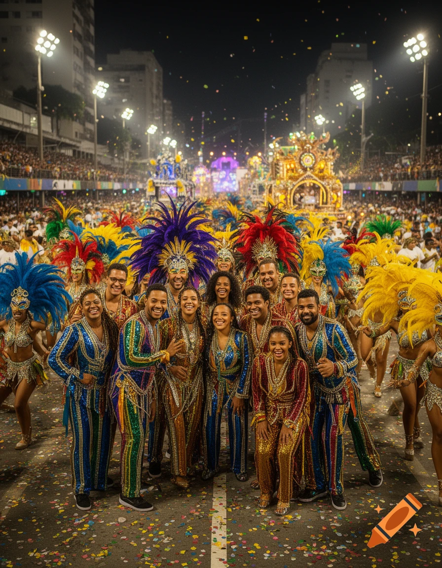 A group of smiling people in vibrant, sequined costumes and feather headdresses celebrating at a night carnival with confetti falling.