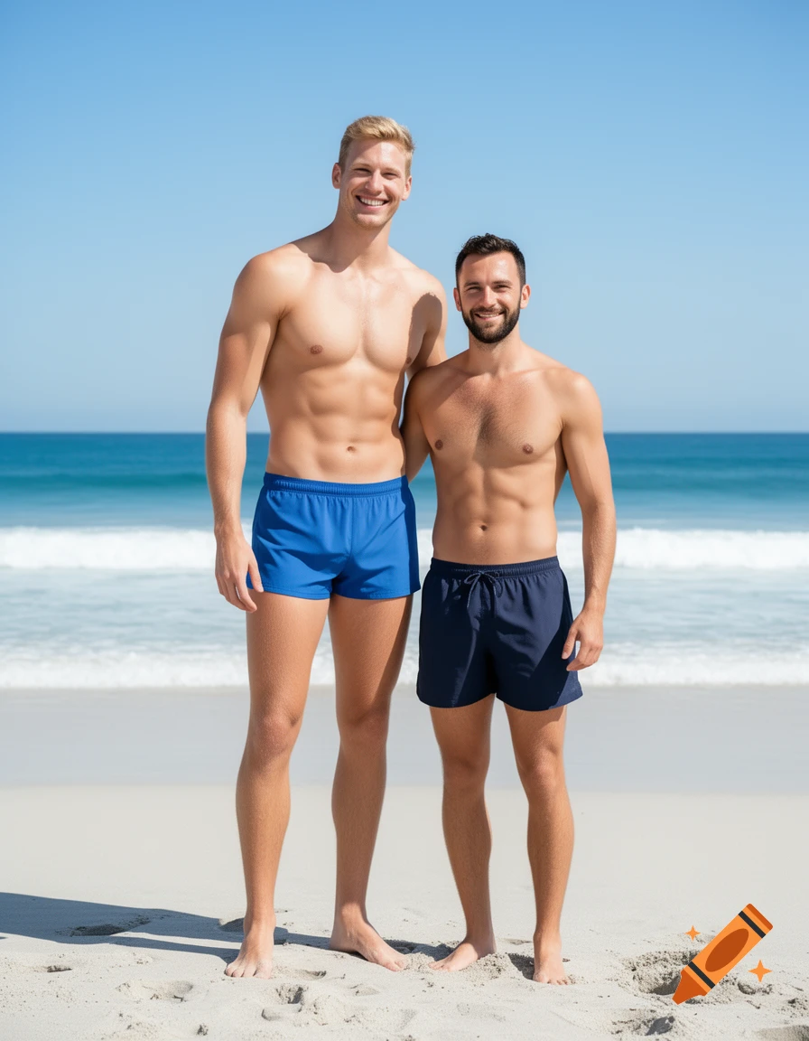 Two men standing side-by-side in swim trunks on a sunny beach, photorealistic style.