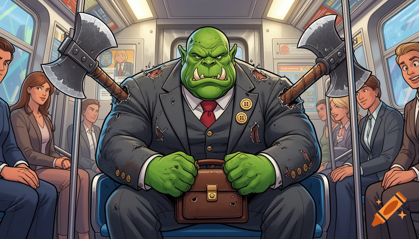 Comic book illustration of a muscular green orc warlord in a tight suit crammed into a small subway seat.