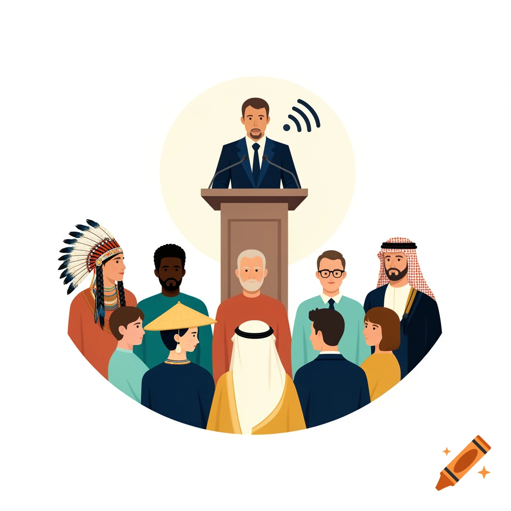 Digital illustration of a speaker at a podium addressing a diverse group of people from different cultures.