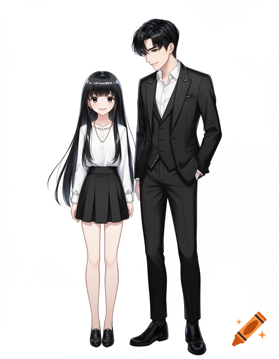 Anime style illustration of a young black-haired woman and a tall man in a black suit standing together against a white background.