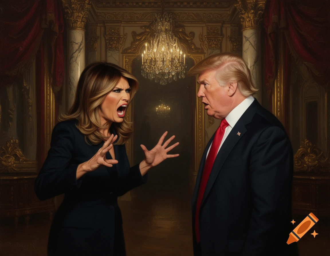 A luxurious oil painting of Melania Trump angrily shouting at Donald Trump in an ornate hallway.