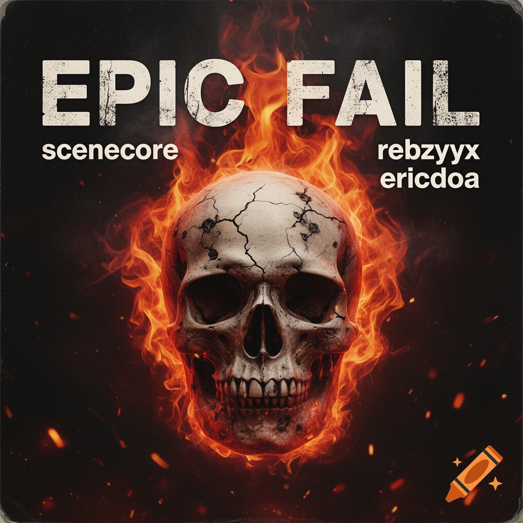 Album cover featuring a cracked human skull engulfed in bright orange flames against a dark background, with bold text reading EPIC FAIL.