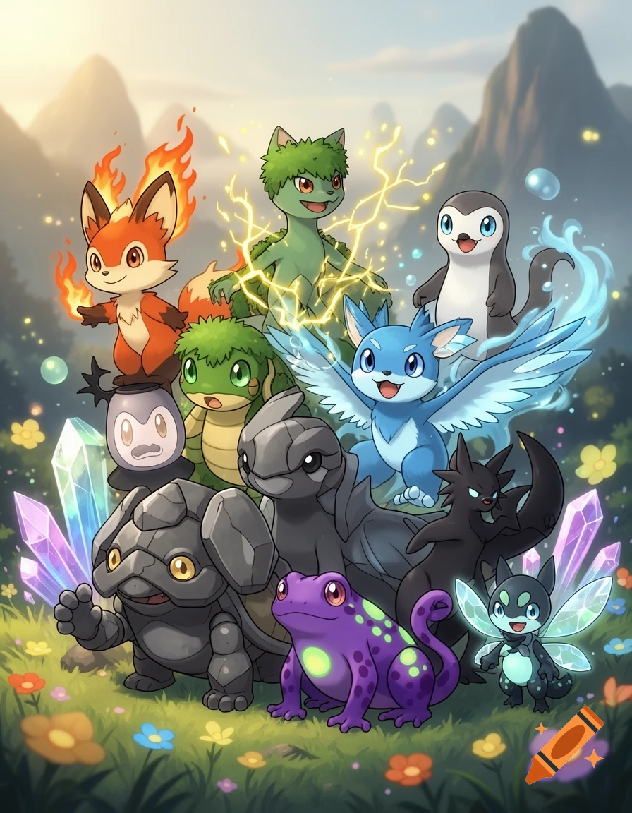 Digital illustration of ten colorful fantasy creatures resembling fictional monsters gathered together in a grassy meadow with mountains in the background.