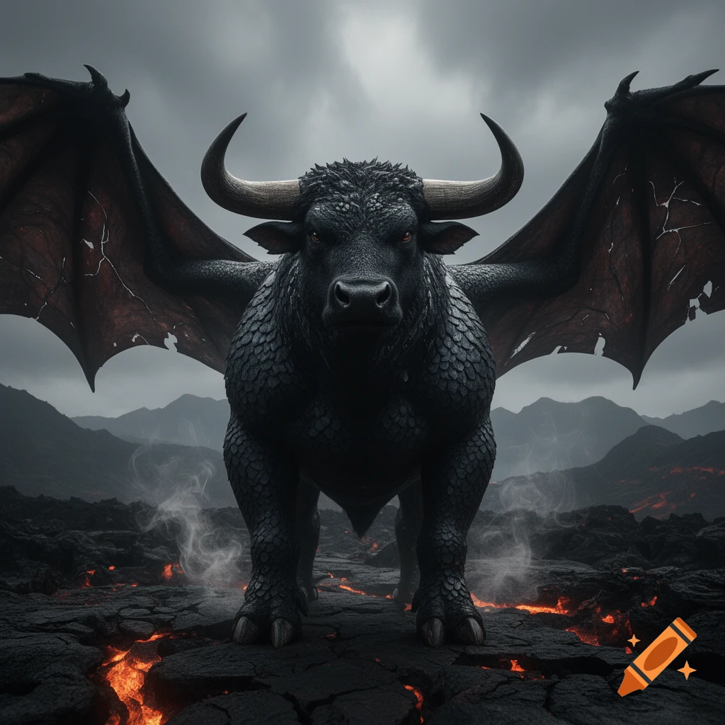 Photorealistic image of a powerful black dragon with bull horns and wings, standing on a dark volcanic rock landscape with glowing lava.