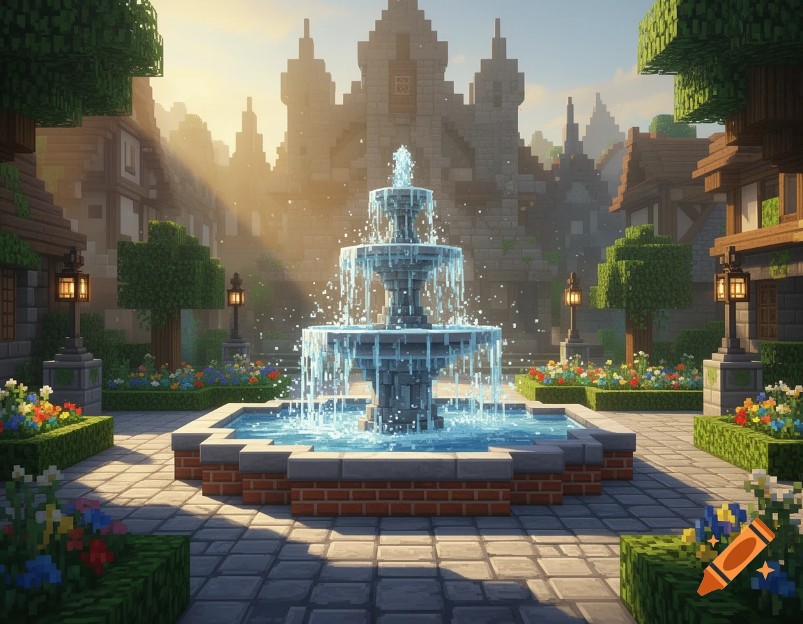 Minecraft-style stone fountain in a medieval village courtyard with cobblestone ground and flower beds, digital render.