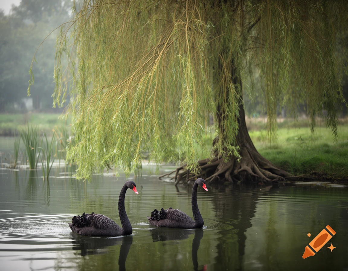 Two black swans swimming in a serene pond beneath a weeping willow tree, photorealistic.